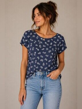 W5 Anthro | Navy Short Sleeve Tee with White Bicycle Motif, Size S